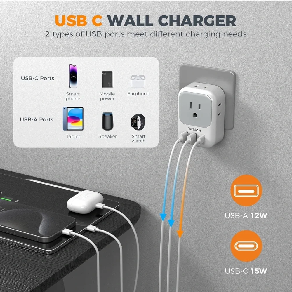 TESSAN Swiss Travel Adapter with USB Ports